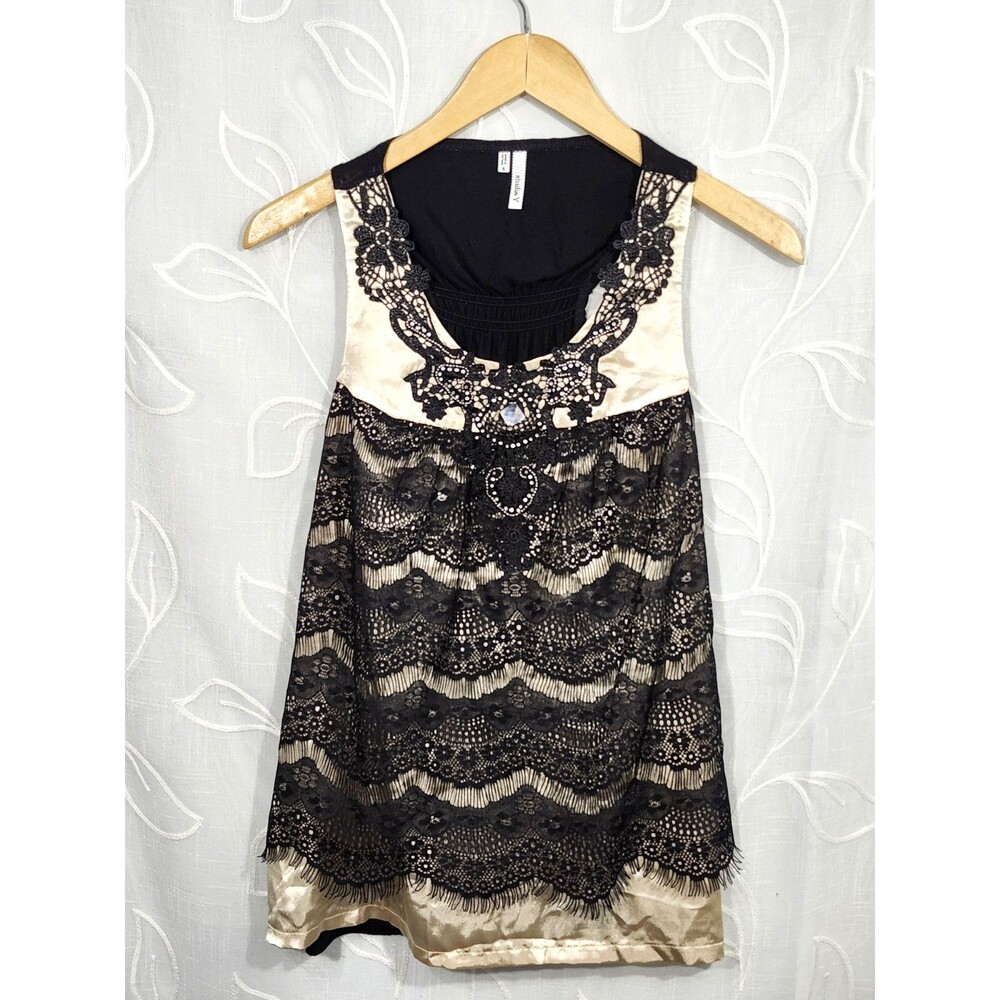 Studio Y Women's Small Black Lace Sparkle Tank Top Embelished Party Evening Cami